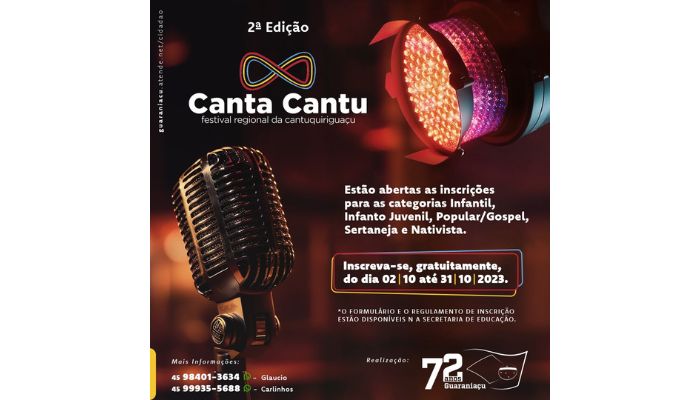 Guaraniaçu - Estão abertas as inscrições para o 2° Canta Cantu